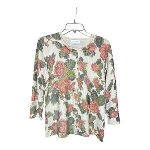 Isaac Mizrahi Floral Button Print Cardigan Cream/Green Sweater SZ XL